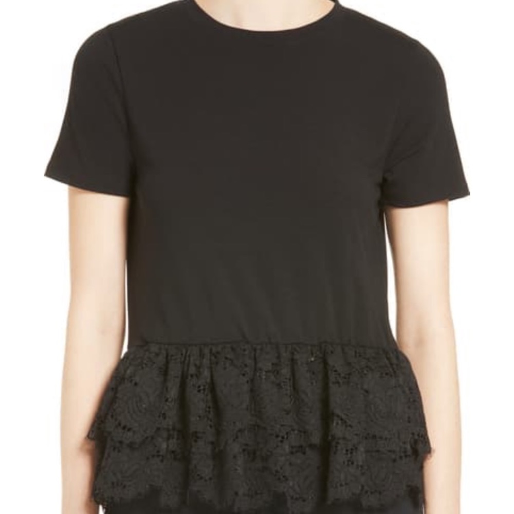 Kate Spade tiered lace flounce black tee size M